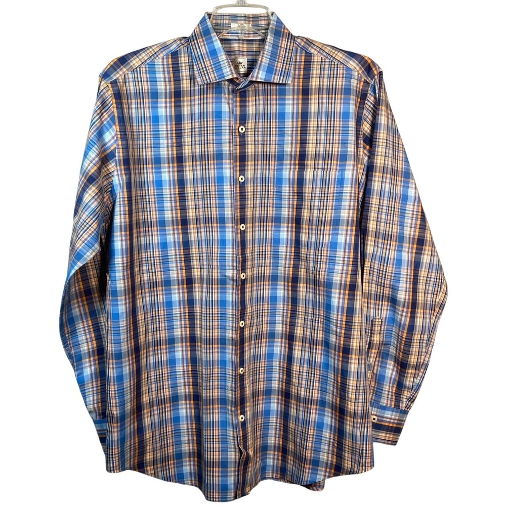 Peter Millar Button Down Shirt Men L Plaid 100% Cotton Blue Orange Preppy